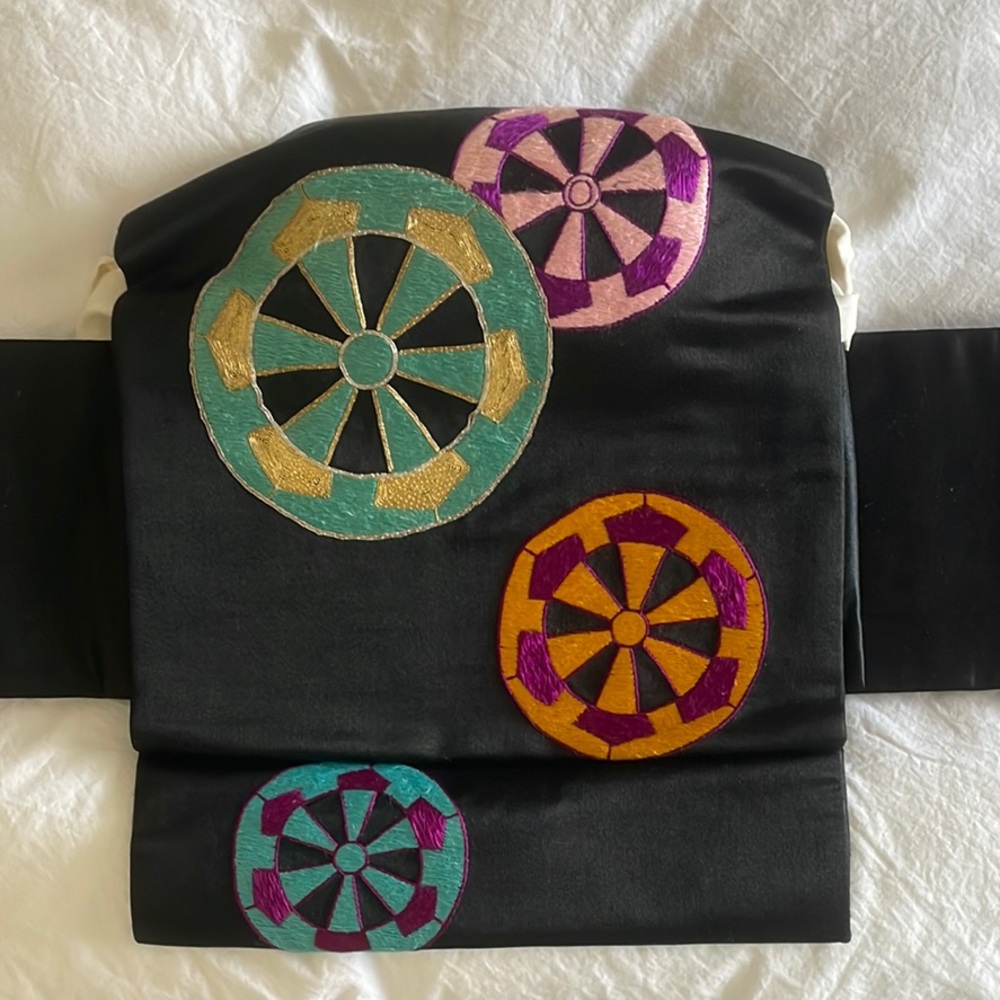 Vintage Japanese Black Obi with Colorful Wheel Patterns